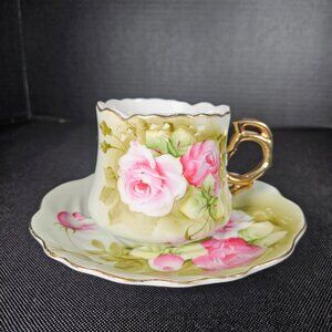 Lefton China Hand Painted Heritage Rose Teacup and Saucer Set With Gold Trim